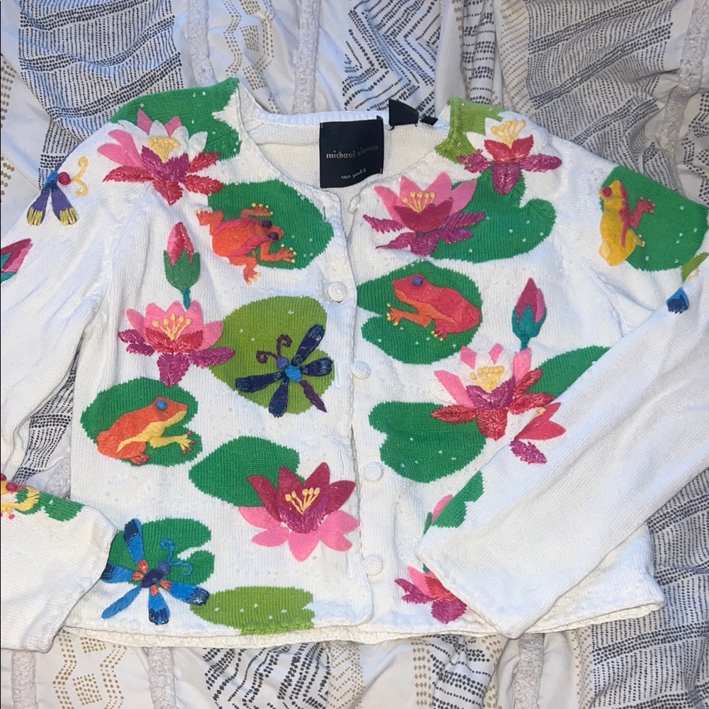 VINTAGE Michael Simon beaded frog & lily pad cardigan. Petite small.